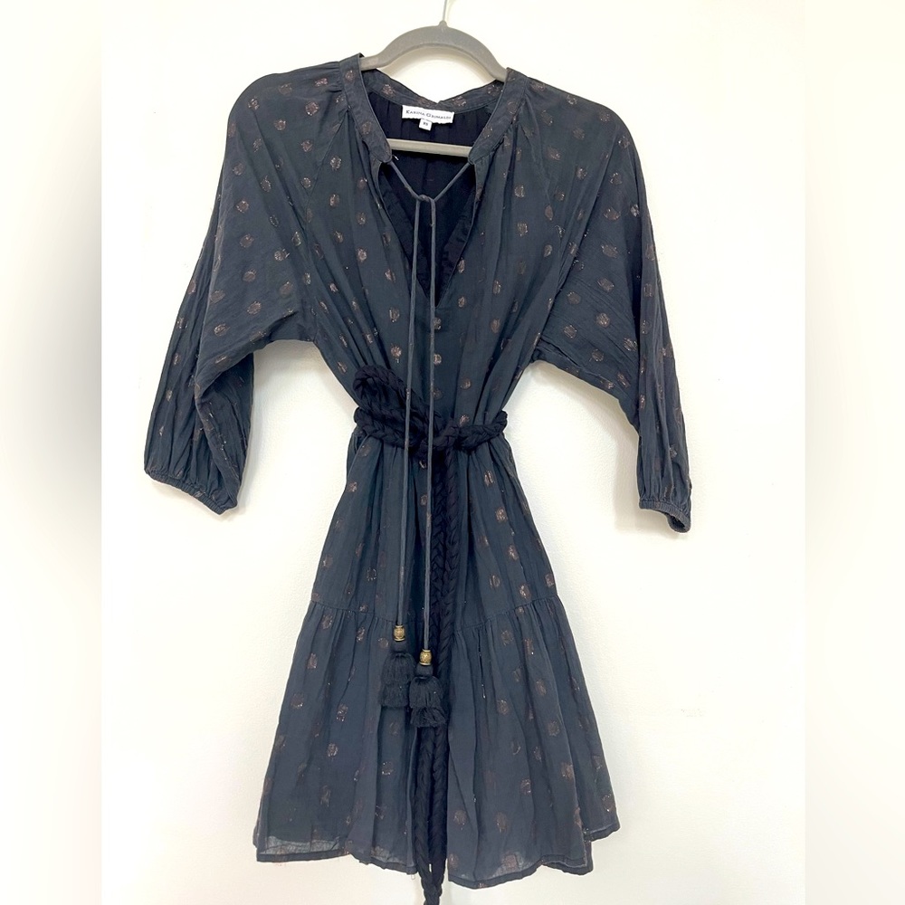 Short black cotton  dress with metal thread details.